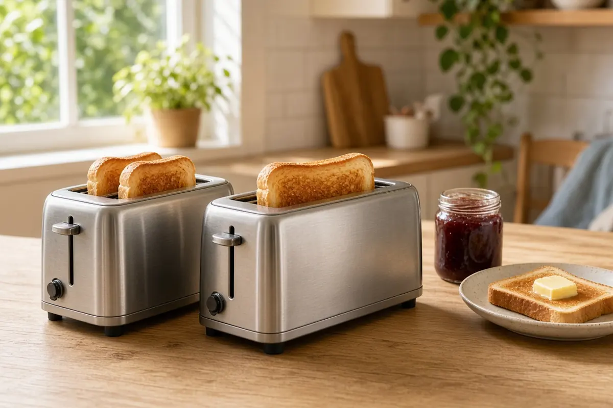 Two stainless steel toasters with golden toast on a sunny wood counter