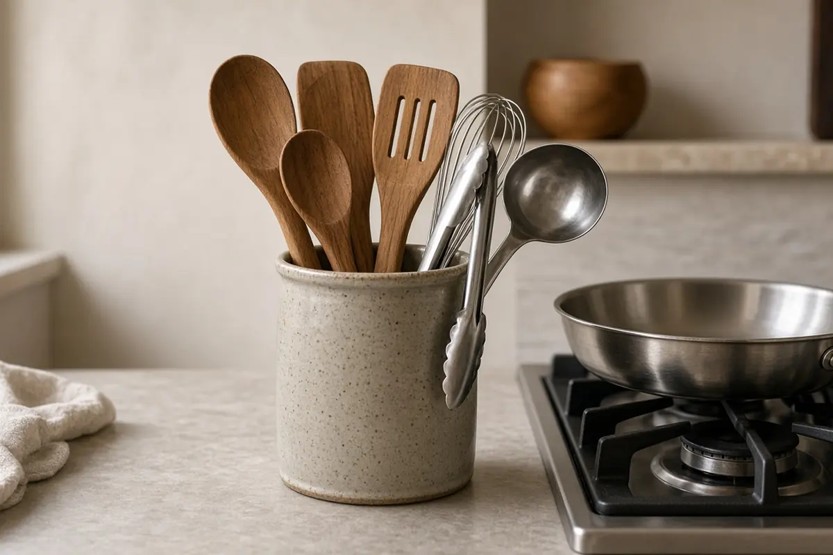 Wooden spoons and stainless tongs, whisk and ladle in a stoneware crock beside a stainless pan