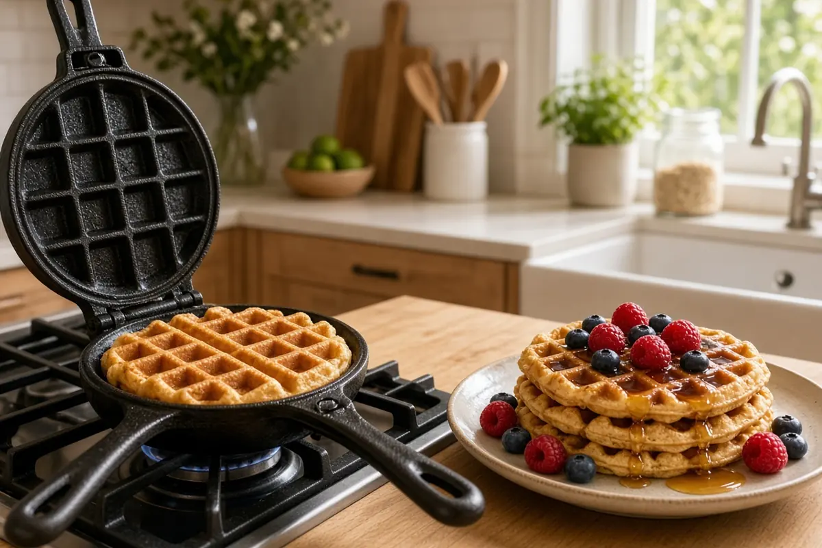 Cast iron waffle iron on a gas stove next to a plate of waffles with berries