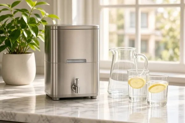 Stainless countertop water filter beside a glass pitcher and lemon water